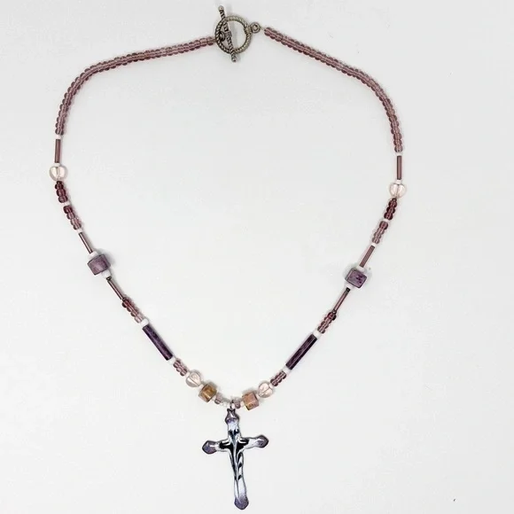 Purple ceramic cross pendant on beaded chain - Picture 8 of 8